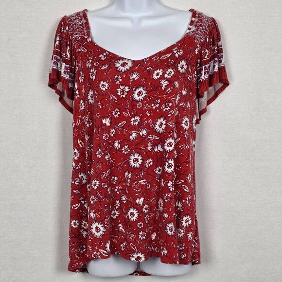 Maurices Red Floral Smocked Sleeve Top XL - Picture 1 of 9